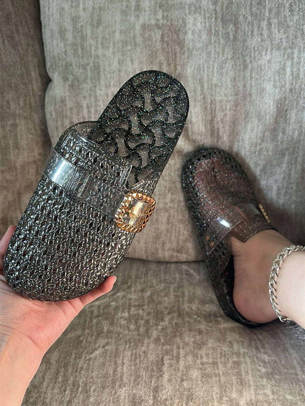 Jelly Black Glitter Mules with Gold Buckle Women’s Sizes 6, 7, 8